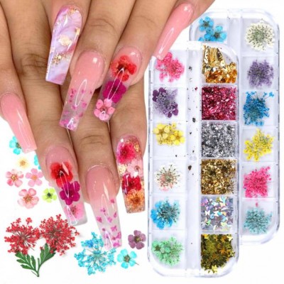 12 Grid/case New Dried Flowers Glitter Flakes Mix Nail Decorations Floral Leaf Sticker Jewelry Summer Beauty Diy Accessories